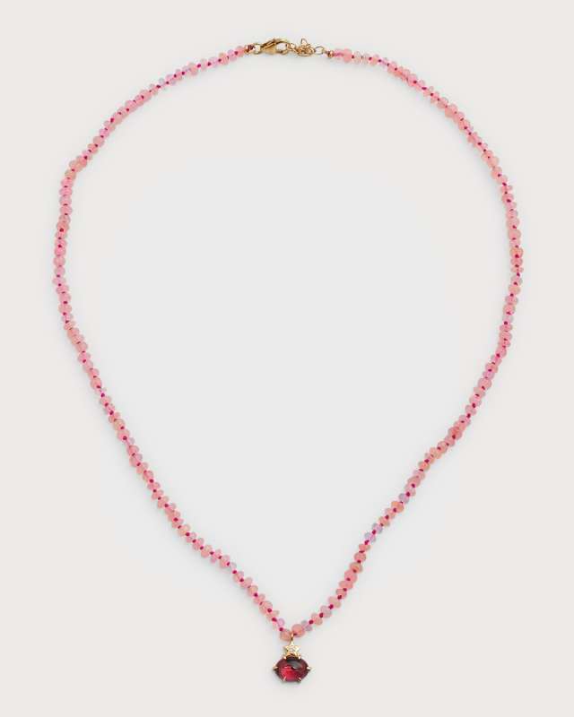 Pink Ethiopian Opal Beaded Necklace with Diamond Garnet Rhodolite Charm